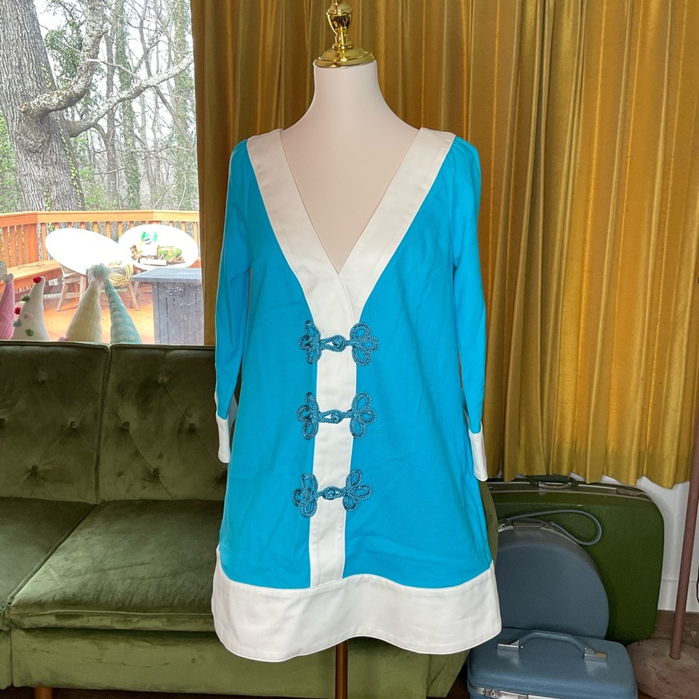 Buru Turquoise and White Mini Dress with Contrast Trim NWT